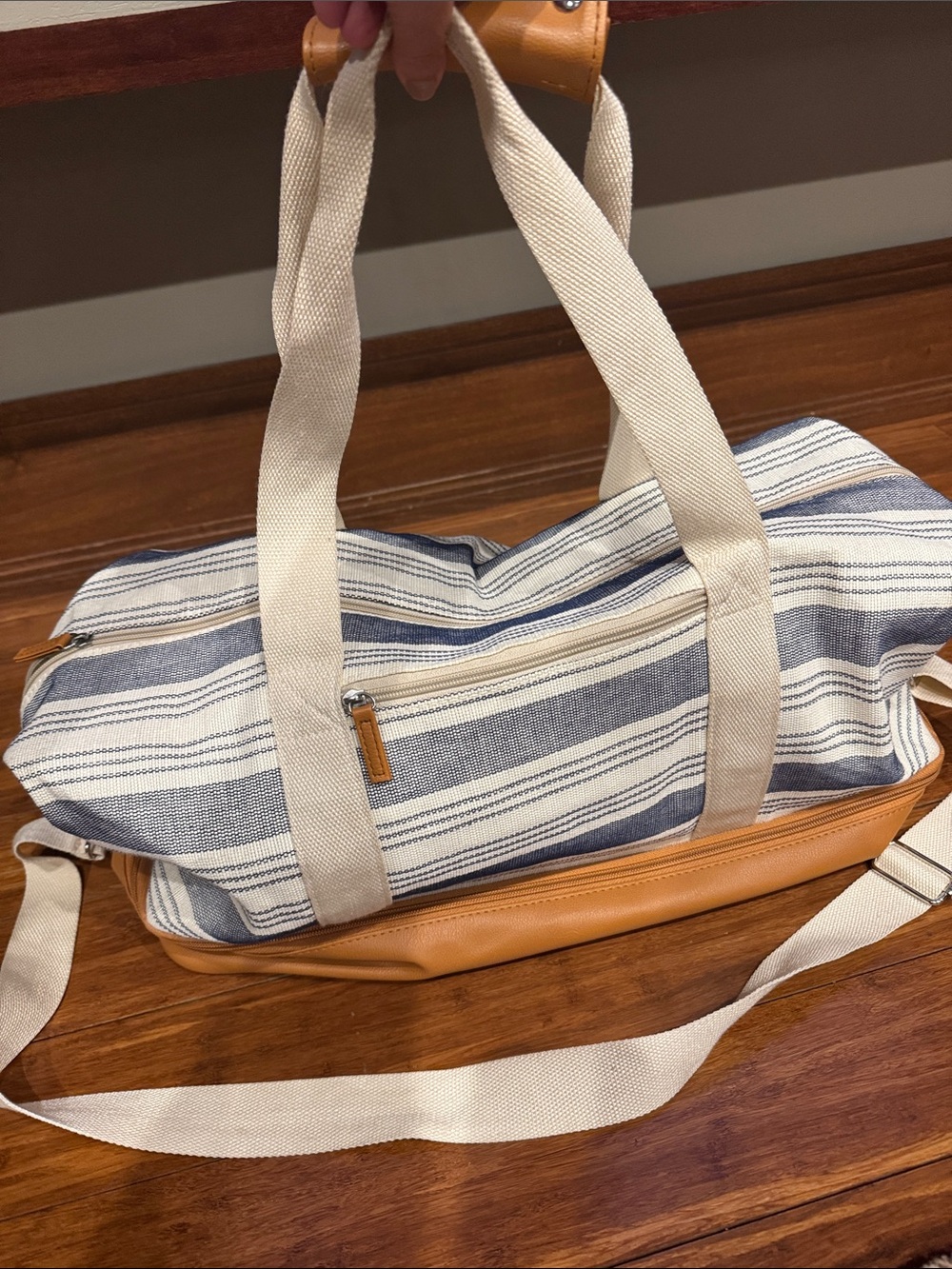 Striped Blue and White Canvas Duffel Bag with Tan Accents